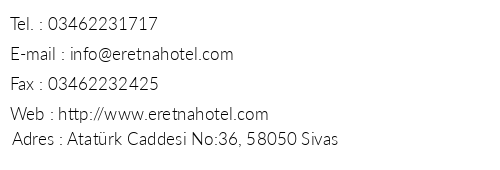 Eretna Hotel telefon numaralar, faks, e-mail, posta adresi ve iletiim bilgileri